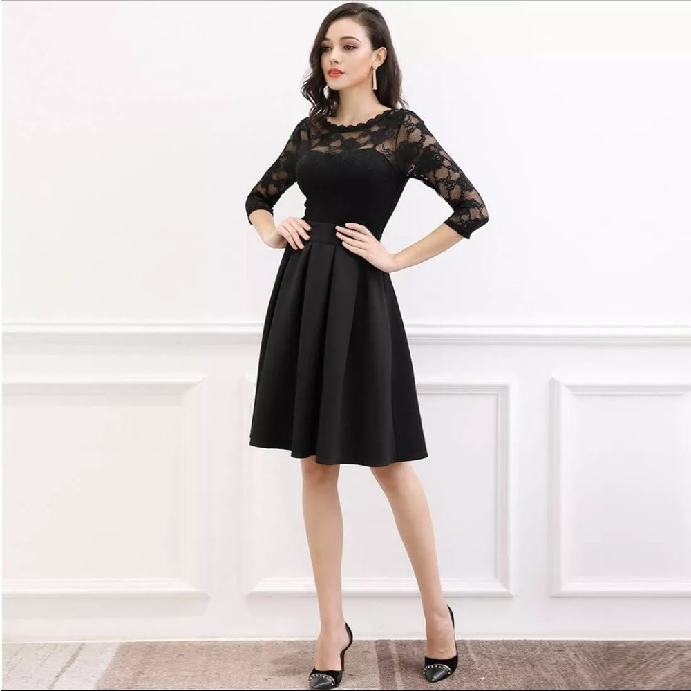 MIUSOL Floral Lace 2/3 Sleeve Black Mini Midi Dress Sz M Wedding Cocktail Party